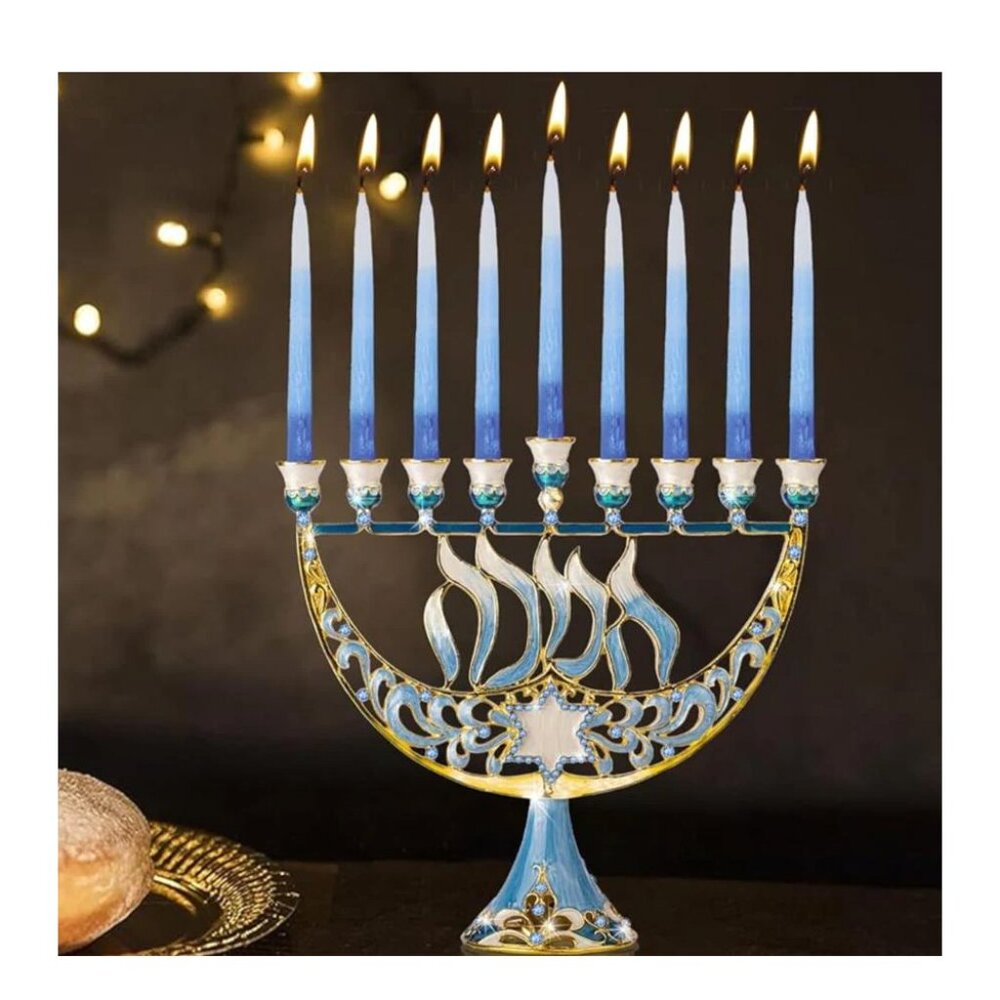 Blue Jeweled Calligraphy Menorah - Picture 2 of 2